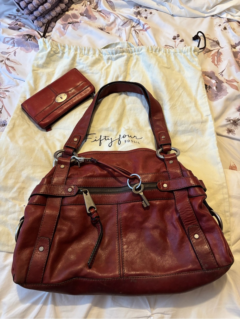 Fossil Deep Red Leather Shoulder Bag with Matching Wallet